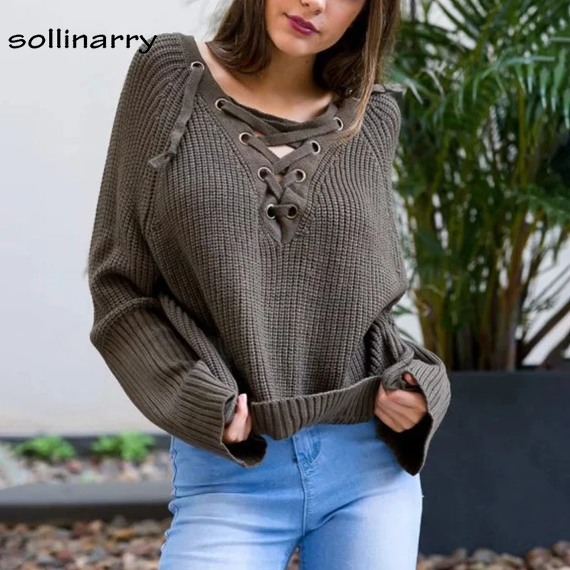 Sollinarry High Street Long Sleeve White Women Sweater Pullover Lace Up Sexy V NeckSolid Knit Winter | Женская одежда