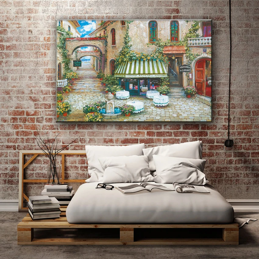 Средиземноморский Цветок Сад кофейный дом пейзаж холст печать масляная живопись