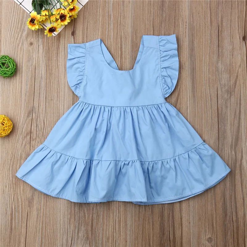 1-5 Years Fashion Baby Girls Dress Summer Ruffle Short Sleeve Kids Dresses For Solid Blue Casual Princess Girl Kid | Детская одежда и
