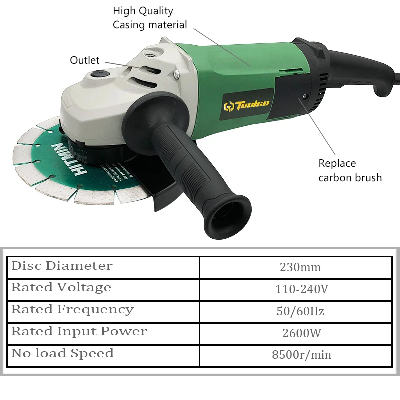 Toolgo Высококачественная угловая шлифовальная машина 2600 Вт Диаметр шлифовального