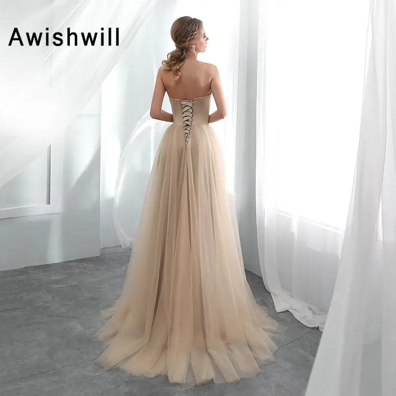 2020 Vestido De Festa Champagne Long Evening Dress Beads Satin Tulle Cheap Prom Dresses Abendkleider Formal Gown Real Sample | Свадьбы и