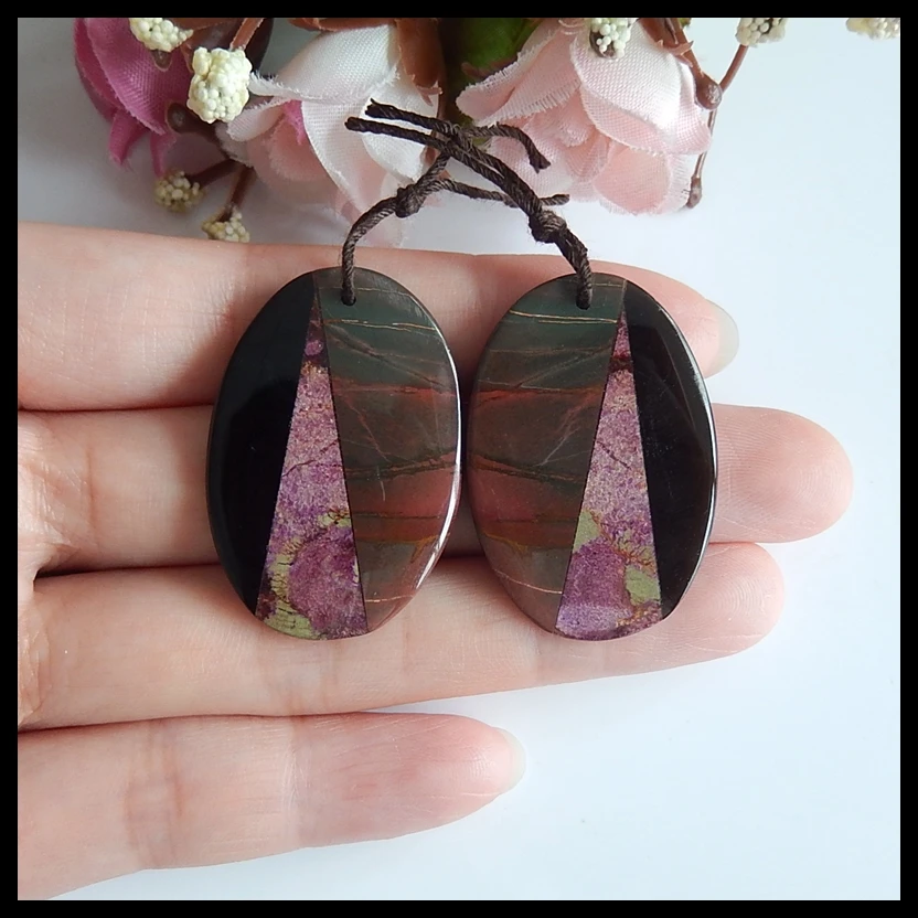 

Natural Multi-Color Picasso Jasper,African Purple stone with Obsidian fashion woman Earrings Beads,35x24x4mm,10.8g