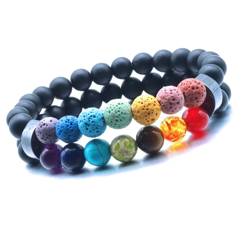 Двухслойный браслет чакр 8 мм 7 лавовый камень черные матовые бусины лечебные