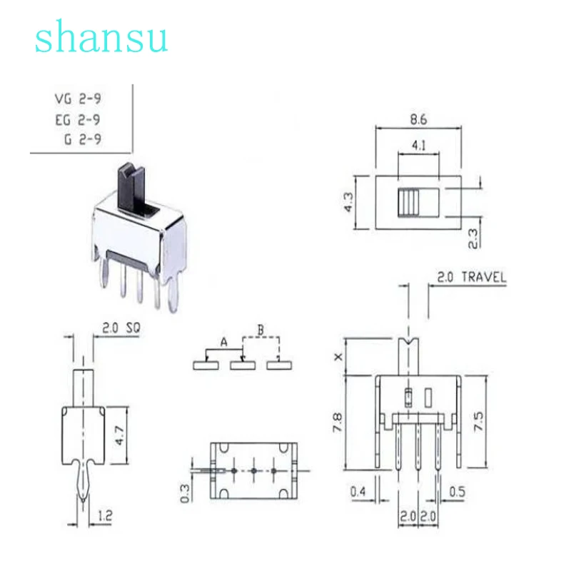 SS 12D07 тумблер 1P2T Band 2 3Pin с стентами SS12D07 ручка высокая = 3 мм/5 мм|Выключатели| |