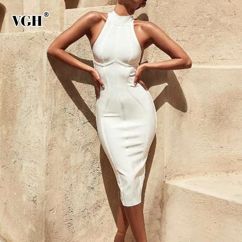 VGH летние платья для женщин Стенд воротник без рукавов высокая Талия Bodycon платье