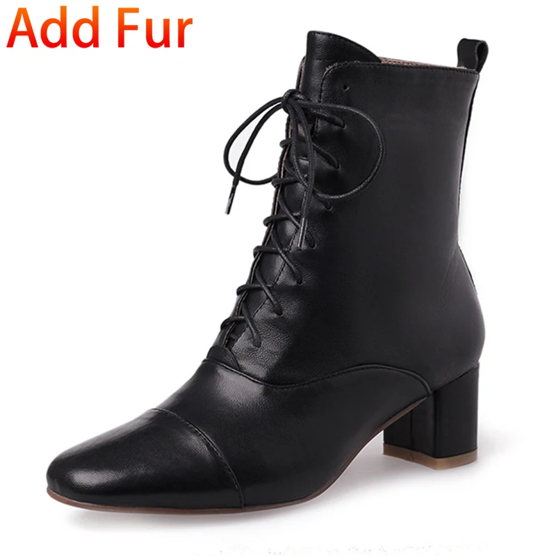 black add fur SARAIRIS/ботильоны из натуральной кожи на шнуровке для зрелых женщин; коллекция года; модные ботинки с квадратным носком; Офисная Женская обувь на высоком каблуке - Цвет: black add fur