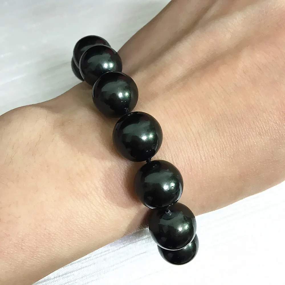 

High quality natural black big round natural shell pearl beads 14mm free shipping elegant bracelet jewelry 7.5inch B152