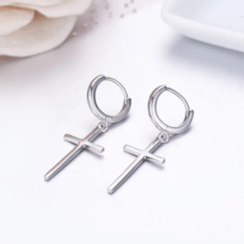Real 925 Sterling Silver Small Loop Circle Cross Charm Drop Dangle Earrings For Women Girls Kids Children Men Jewelry Gift Aros|dangling earrings for
