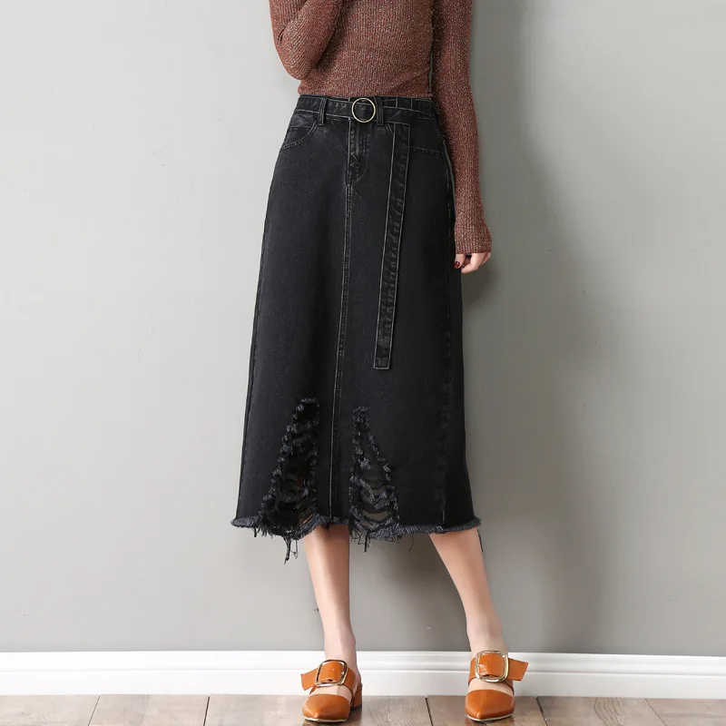Женская Джинсовая Юбка миди с разрезом черная прямая Длинная юбка высокой талией