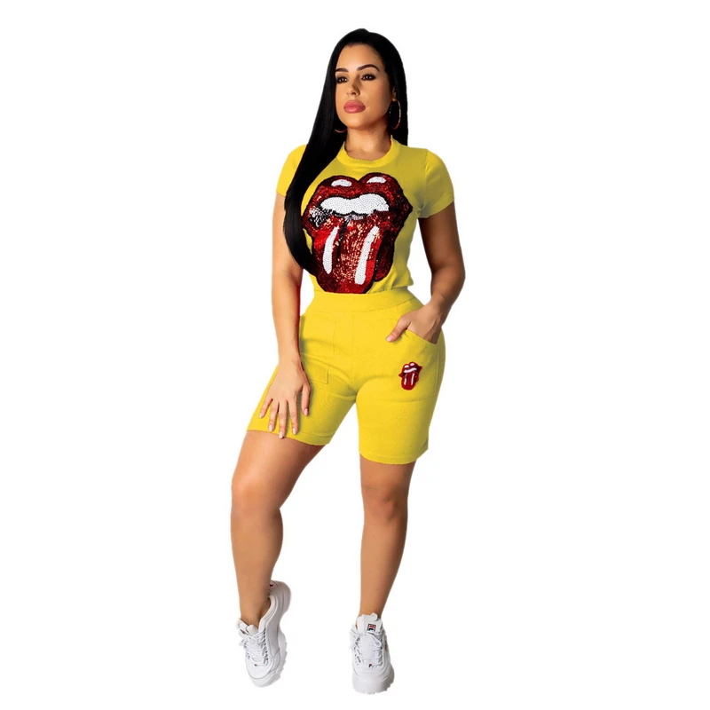 2019 Summer Style Red Big Lips Sequins Beaded Two Piece Set Women's Sexy Casual Outfits Glitter Bodysuit Sparkly Playsuits | Женская