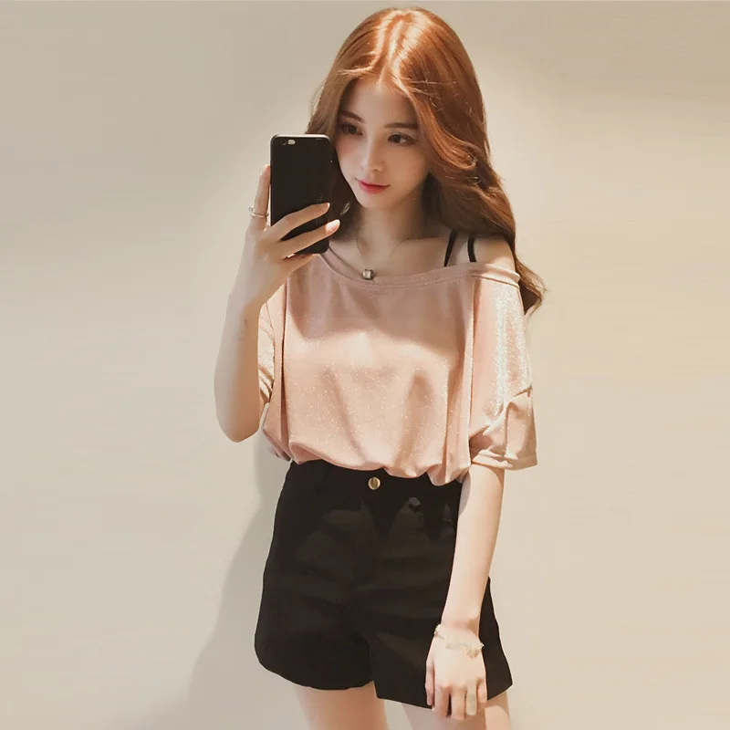 Женская футболка с открытыми плечами Повседневная Свободная коротким рукавом