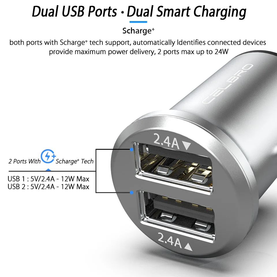 24 Вт мини USB Автомобильное зарядное устройство мобильный телефон 4.8A 2 алюминиевый