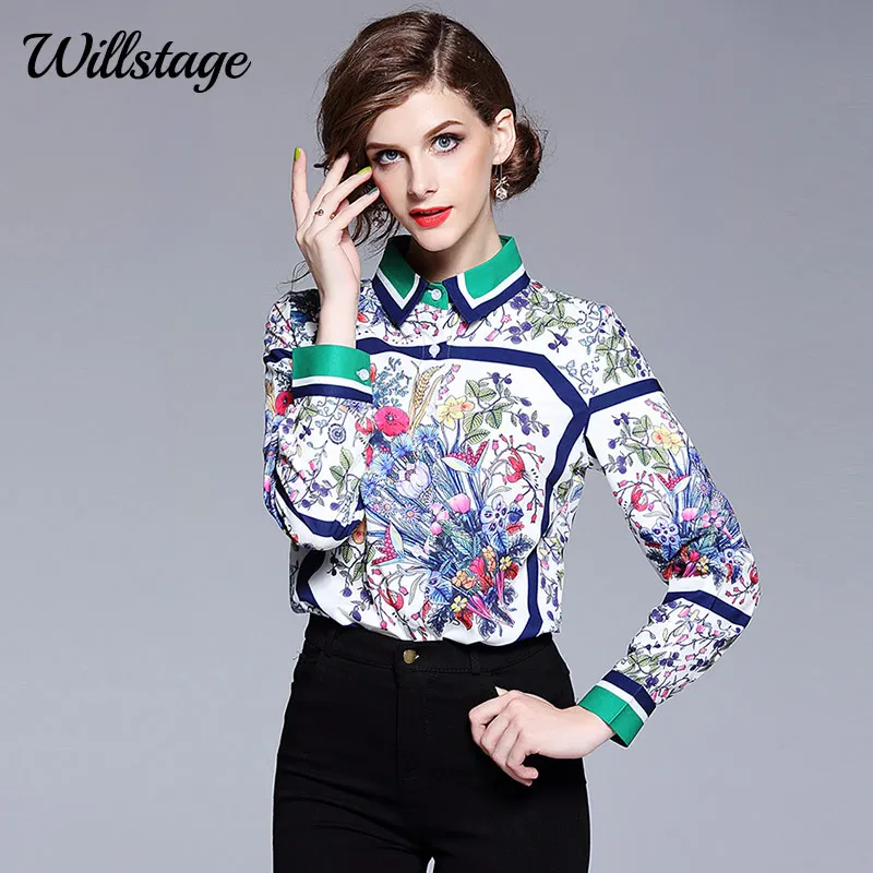 Willstage 2018 осенние Рубашки с цветочным принтом для женщин длинным рукавом зеленая