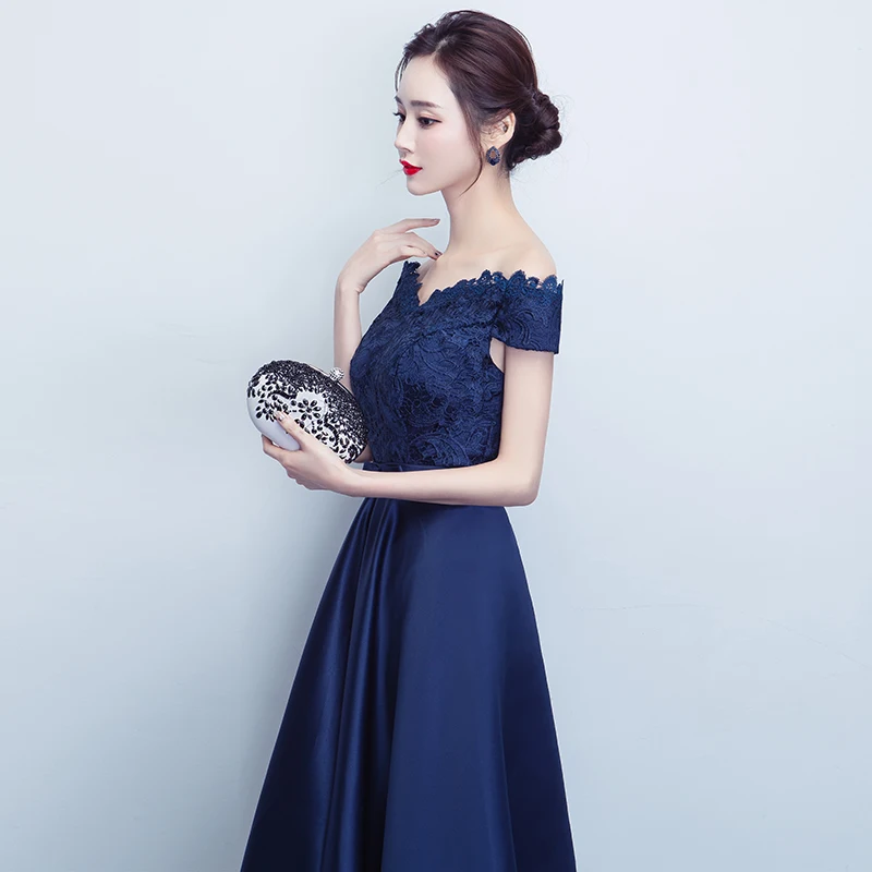 Темно синие платья длиной ниже колена искусственное кружево 2017 вечерние для