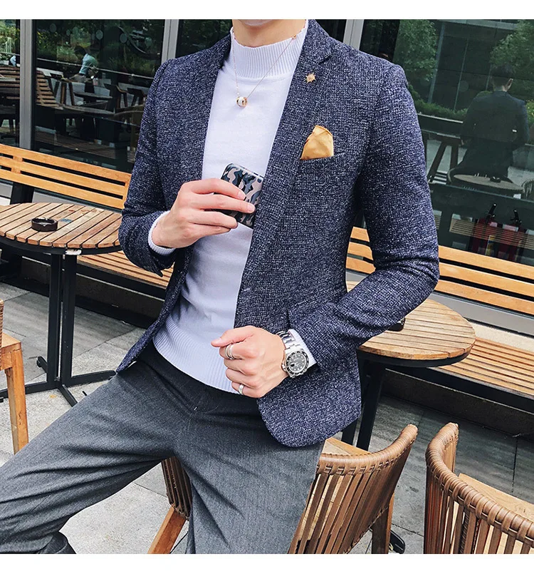 Мужской твидовый Блейзер осень зима блейзер masculino slim fit повседневные мужские спортивные пиджаки hombre invierno ho Мужской Блейзер черный синий коричневый