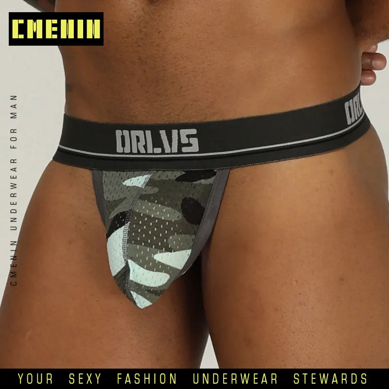 Мужские трусы стринги из сетчатой ткани ORLVS черные дышащие камуфляжные с U