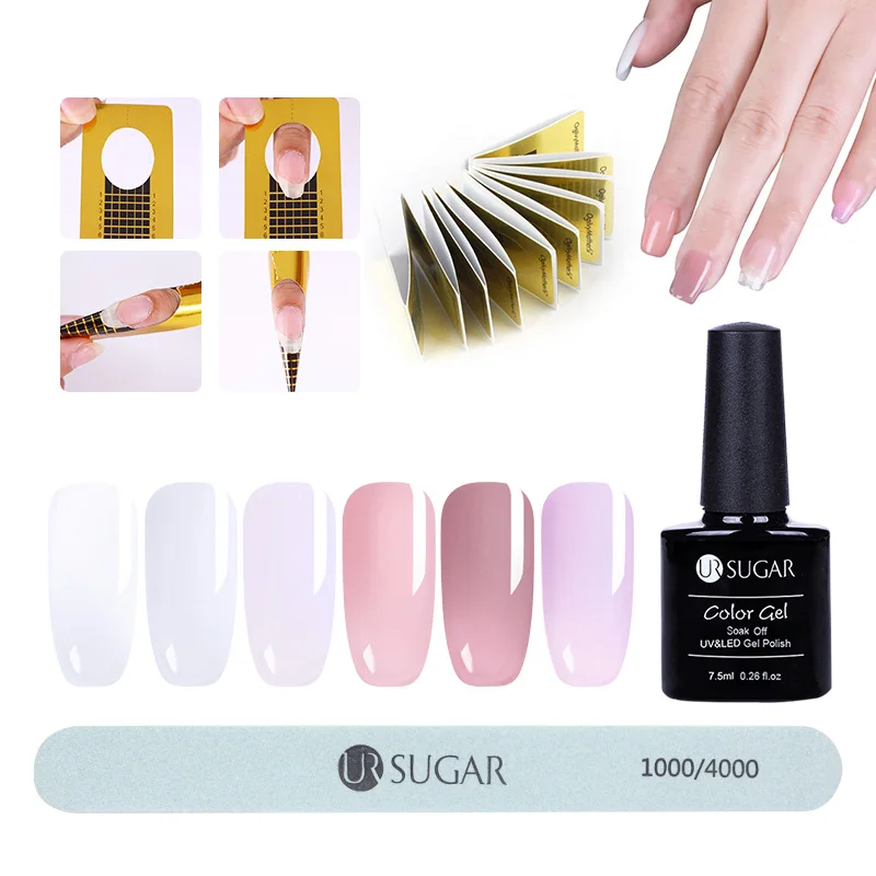 UR SUGAR 8pcs/set 7.5ml Clear Transparent Quick Build Poly Extension Gel Pink Builder UV With 12mm Nail File Form | Красота и