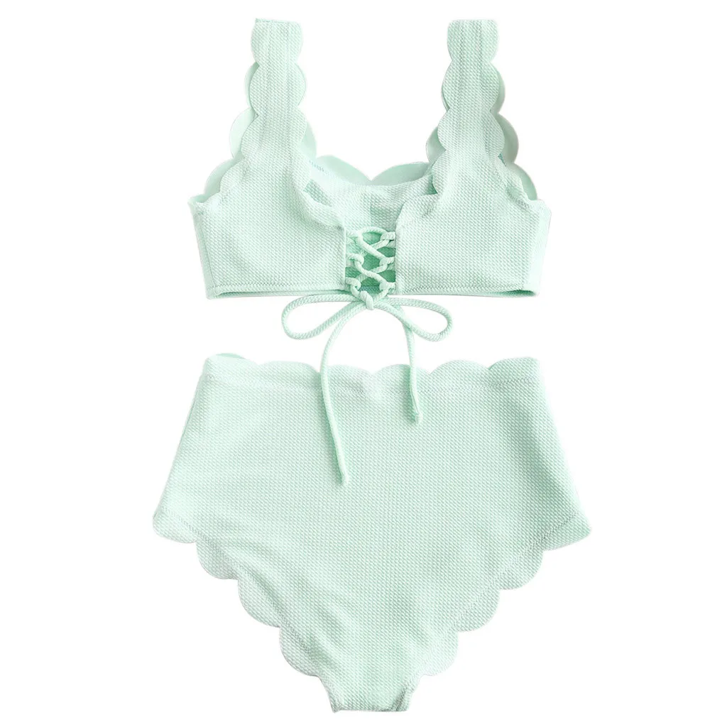 Women Scalloped Textured High Waisted Bikini Set Solid Two Pieces Beach Summer Elastic Underwear | Женская одежда