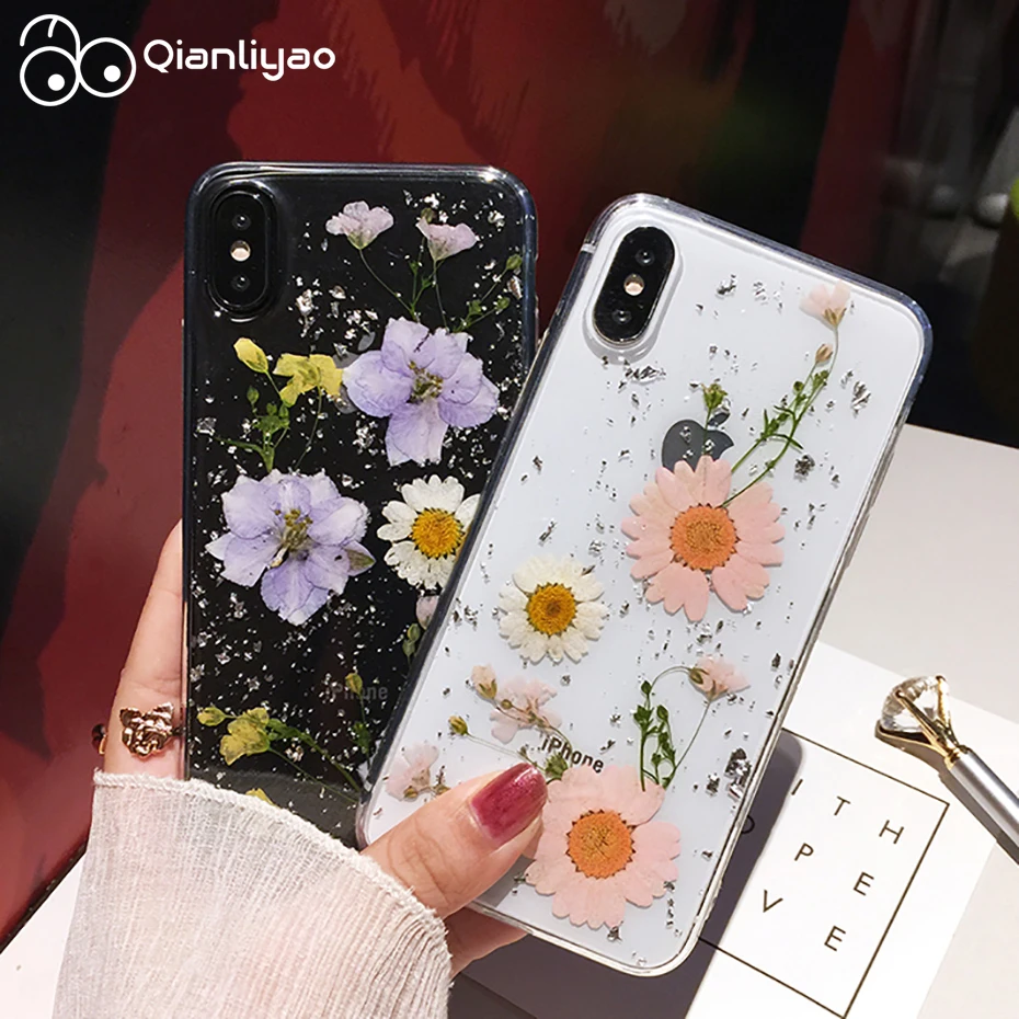 Qianliyao высушенный цветок серебряная фольга прозрачные чехлы для телефонов iPhone XS Max XR X 6 6S 7 8 Plus 11 Pro Max Мягкая силиконовая задняя крышка