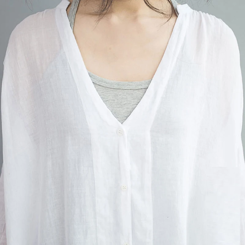 

plus size Cotton and linen blouse shirt 2018 spring summer Korean style new loose V neck shirt literary long-sleeved clothes 269