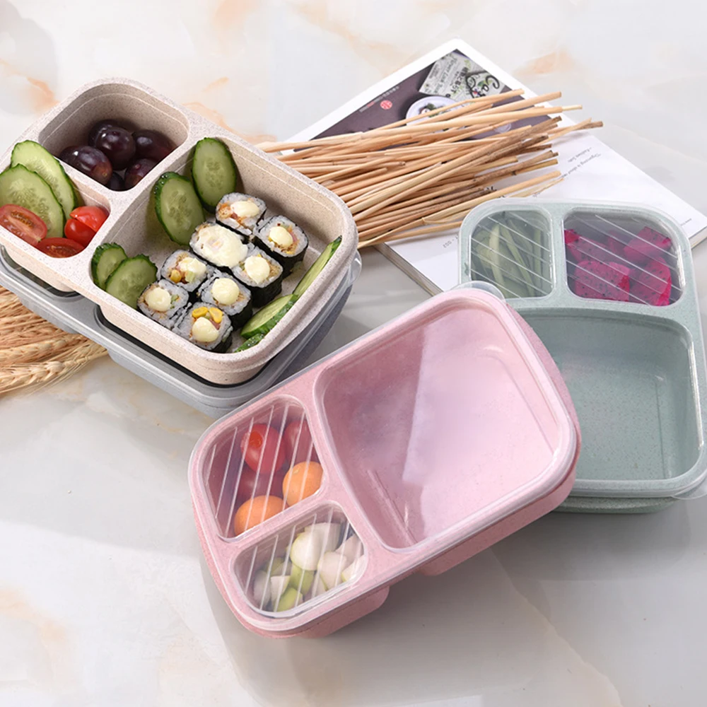 Bento Box с крышкой 3 сетки Пшеничная солома микроволновая пищевая коробка