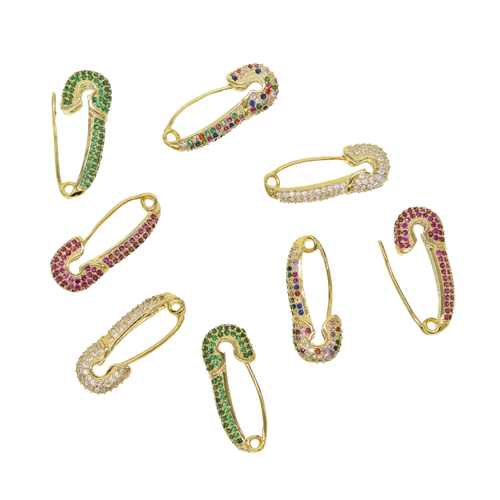 GOLD Color micro pave red white rainbow green cz unique paperclip safety pin stud earings fashion jewelry