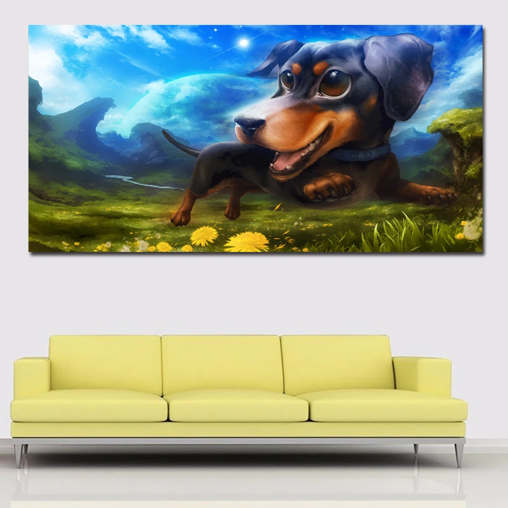 Большой размер живопись с изображением собак арт Run смешные холст картина