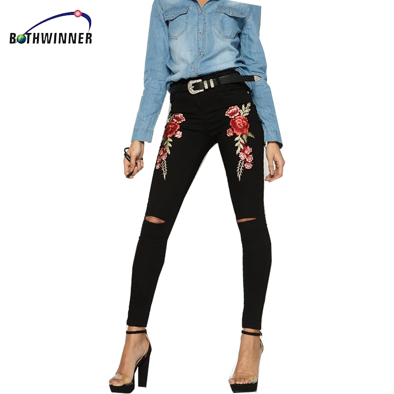 Bothwinner стрейч вышитые джинсы для женщин эластичный цветок женские узкие
