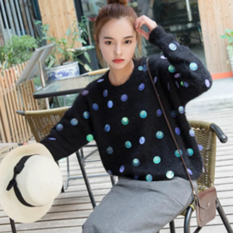 

Mohair Sequins sweater women's hedging Beading Shirts loose short sequins Pullover Faux mink velvet Knitted woolen Autumn jacket