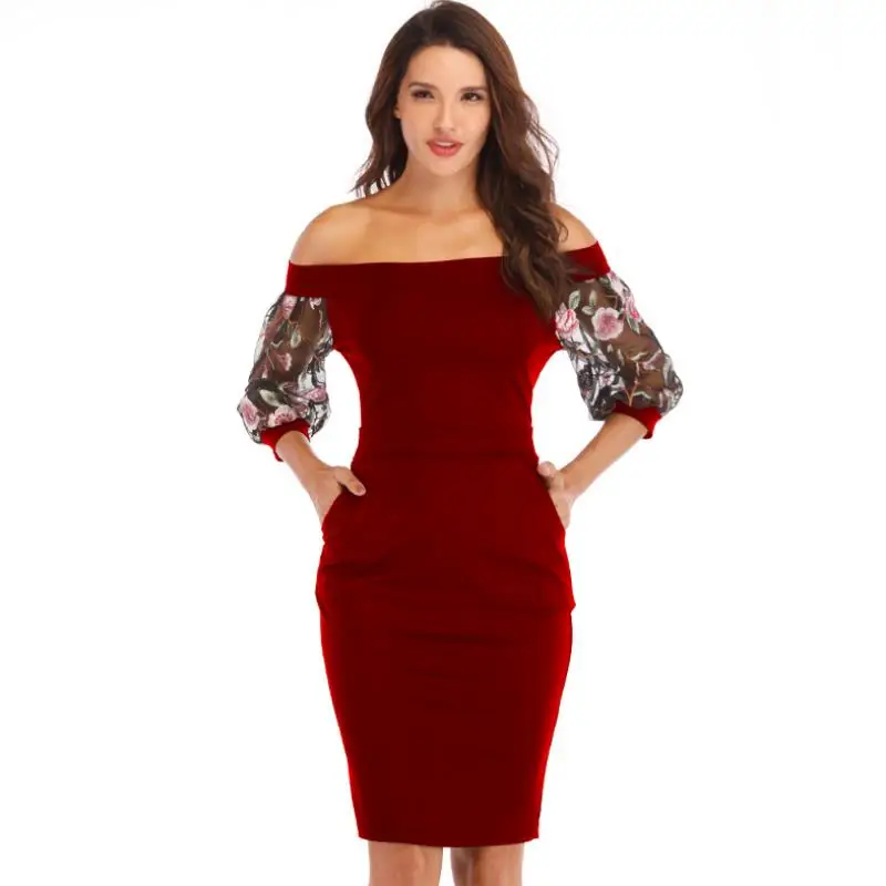 Женское вечернее платье-футляр с цветочной вышивкой и кружевным сетчатым