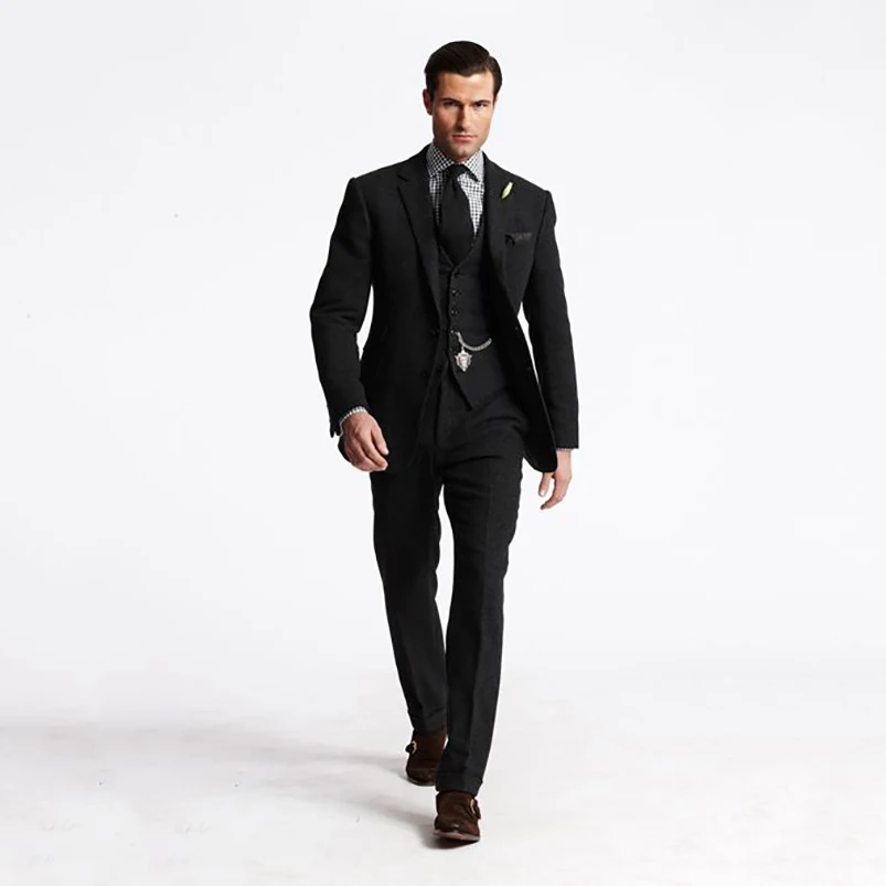 Мужские костюмы Slim Fit 2018 черный твидовый костюм мужской для свадьбы бизнеса зимы