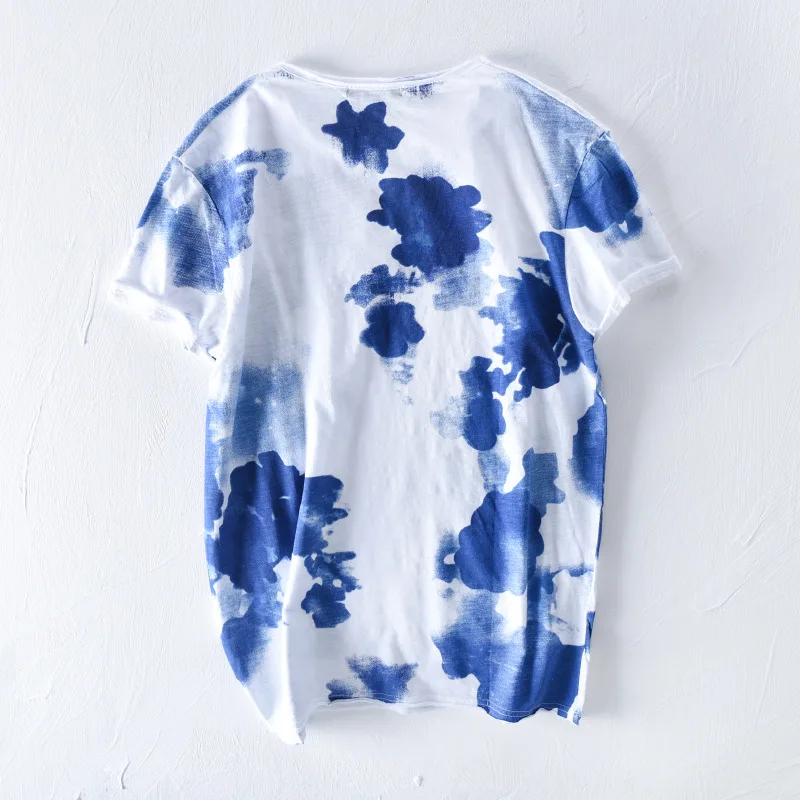 Мужская льняная футболка с коротким рукавом летняя в ретро-стиле круглым вырезом