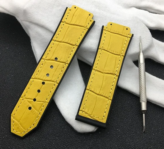yellow Роскошный бренд 25 мм* 19 мм кожаный резиновый силиконовый ремешок для часов Бабочка Пряжка для Hublot ремень для Big Bang ремень классический логотип fusion - Цвет ремешка: yellow
