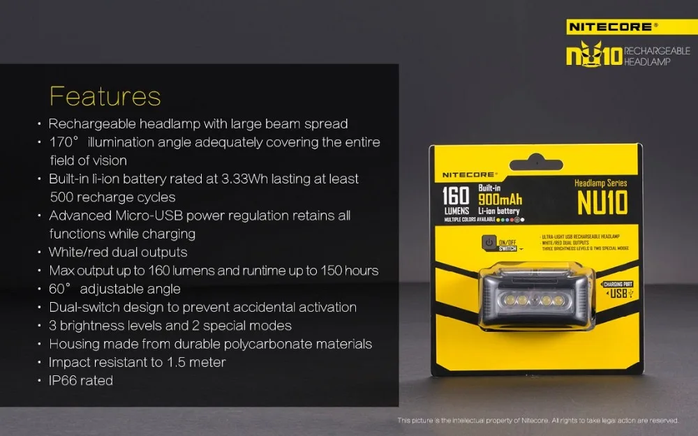 NITECORE NU10 легкий встроенный аккумулятор налобный фонарь 160 люмен 35 м 900 мАч