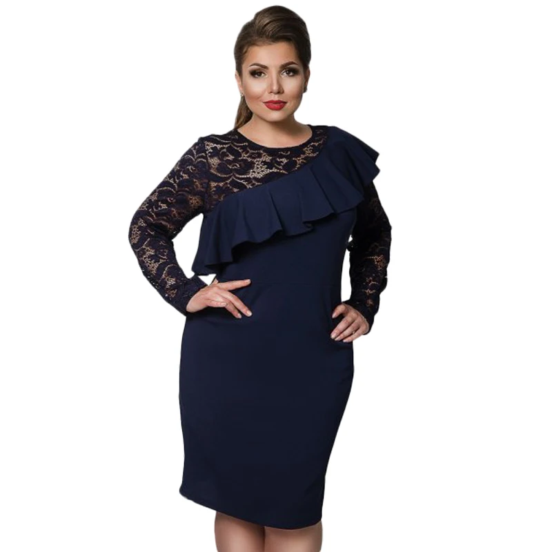 2018 зимнее женское платье большого размера кружевное с оборками на одно плечо