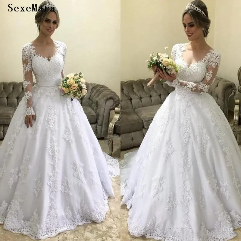 A Line White Wedding Dresses Lace Appliques Long Sleeve Sweep Train Bridal Gown vestido de novia High Quality Custom Made | Свадьбы и