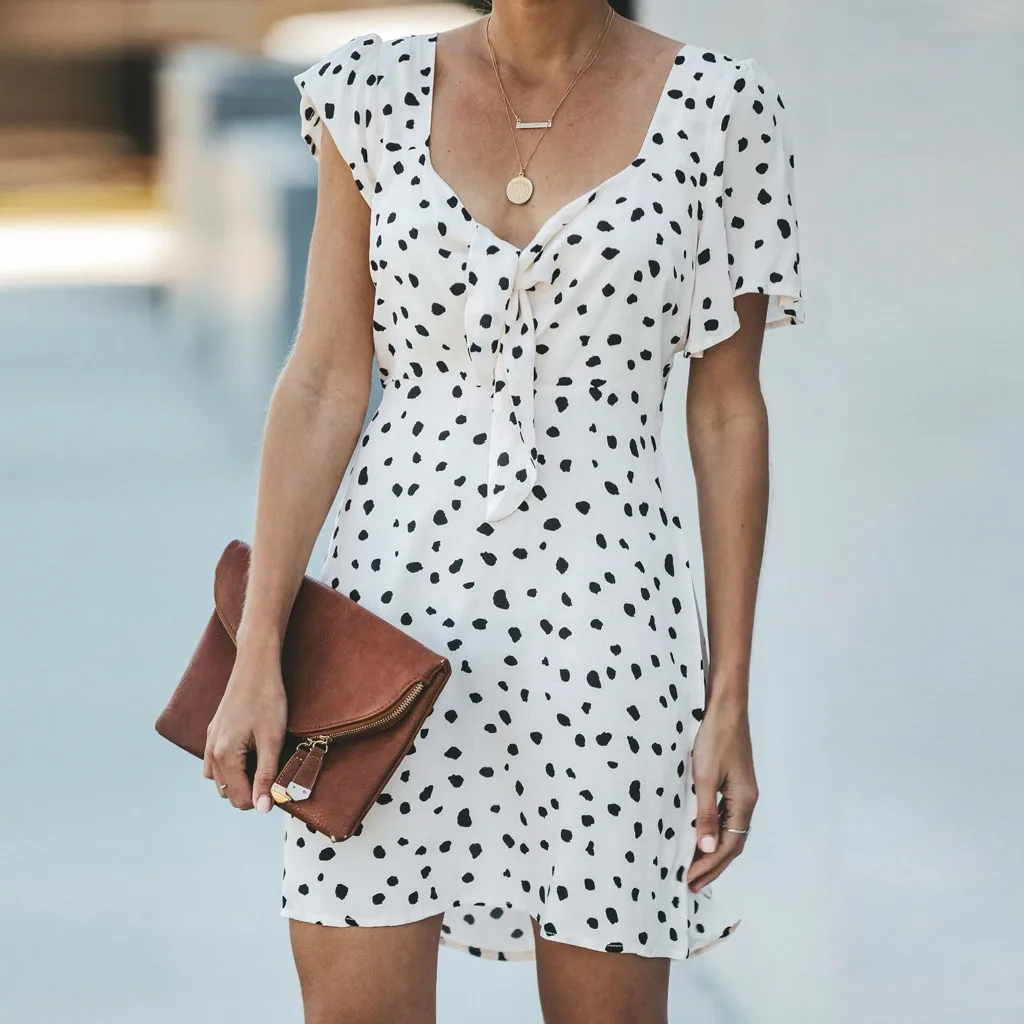 Пляжное платье с принтом Модные женские v-образным вырезом печати лук короткий