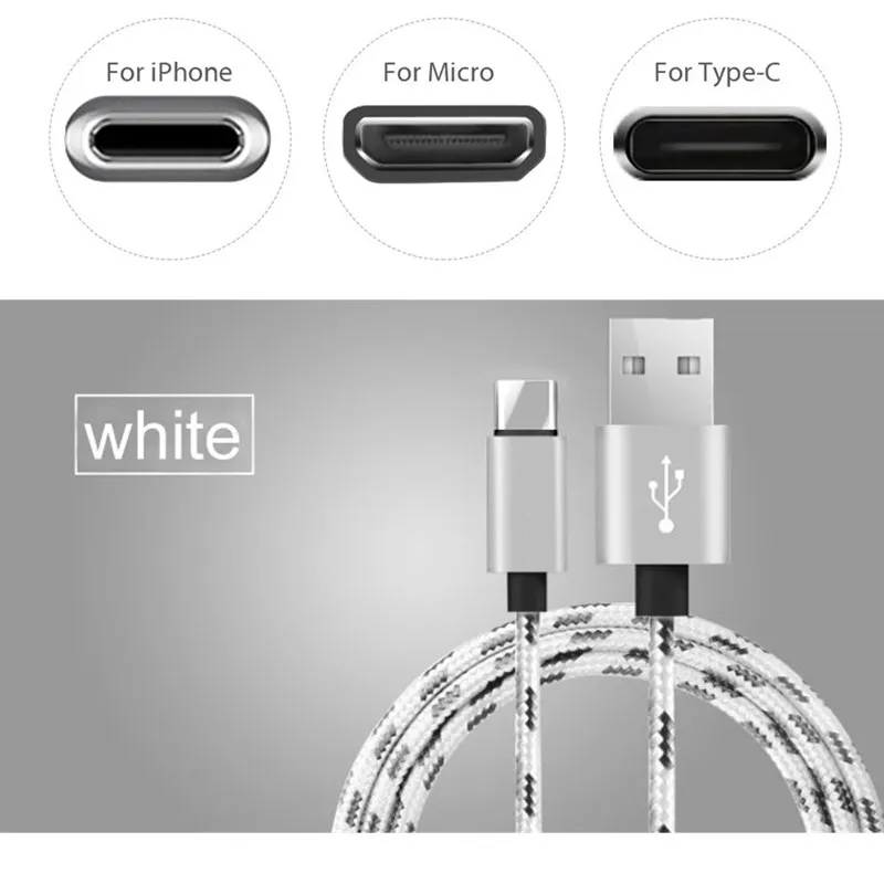 Оплетка USB кабель для передачи данных для iPhone X 8 7 6s Plus Micro Тип usb C быстрая зарядная зарядка кабель для samsung A70 A50 A30 Xiaomi huawei - Цвет: White