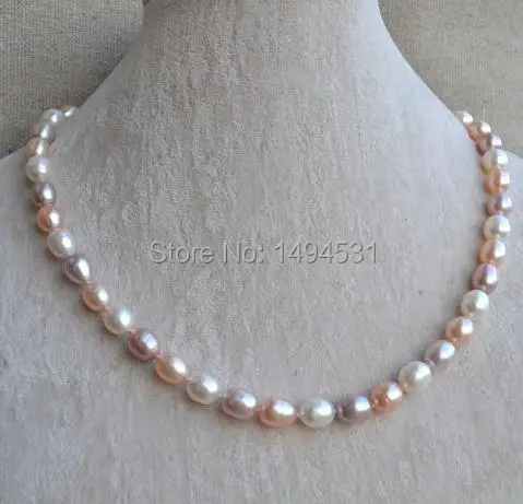 

Wholesale Pearl Jewelry - 18 Inches 8x10mm Rice Shape Pink Lavender White Genuine Freshwater Pearl Necklace - Free Shipping.