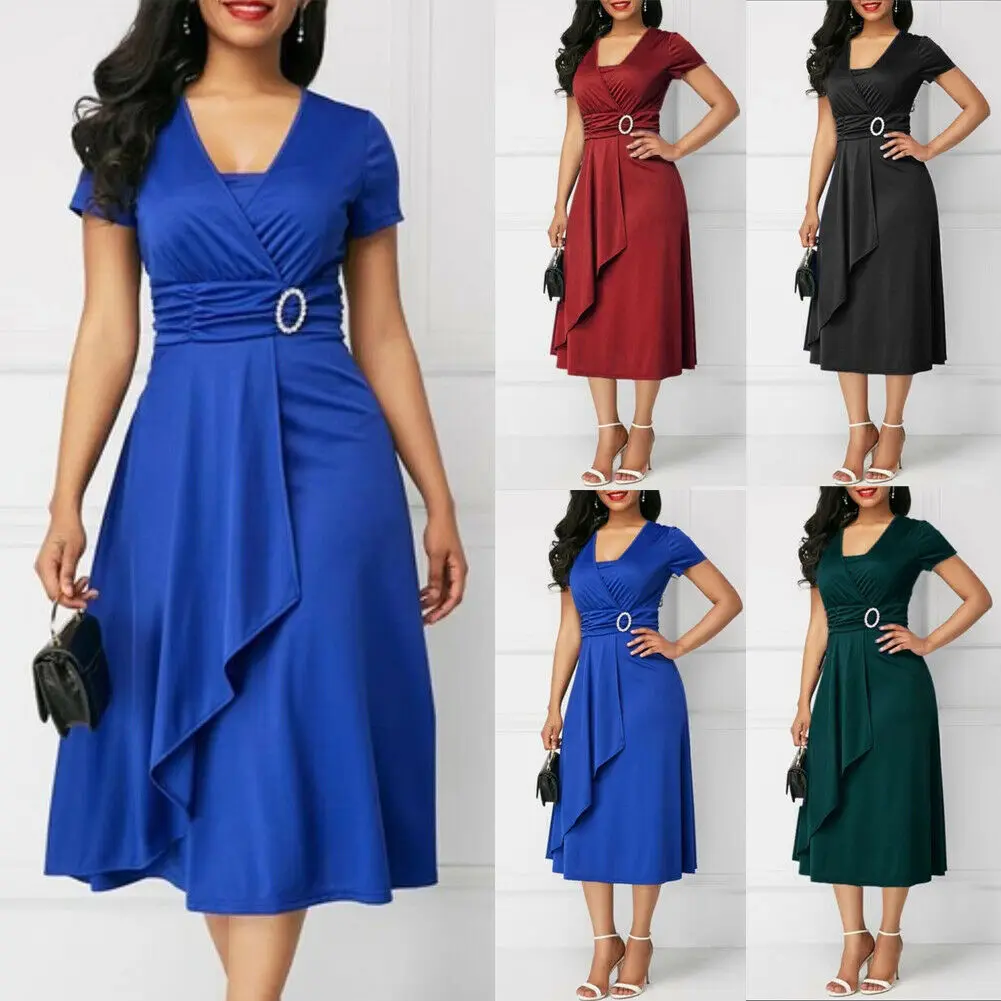 Женское вечернее платье с асимметричным подолом и v образным вырезом однотонное