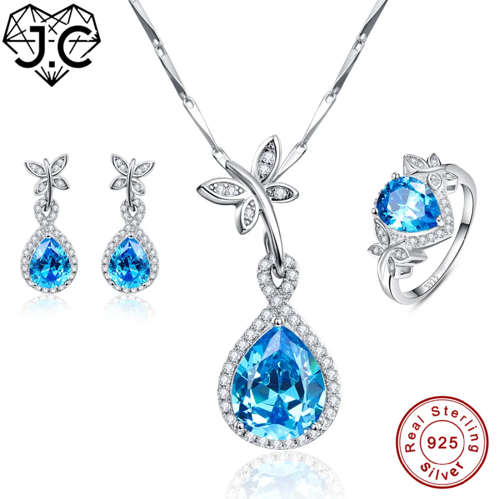 

J.C Rare Anniversary Sapphire Blue Topaz Pendant & Ring & Earring Genuine Solid 925 Standard Sterling Silver Jewelry Set