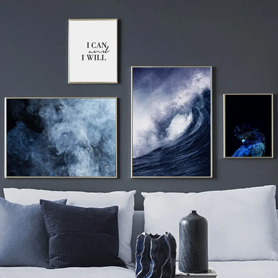 Синий попугай морской дым шторм волна искусство на холсте картина цитаты