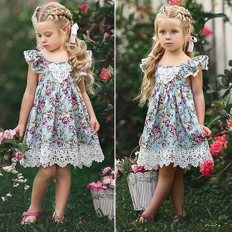 

Kids Girls Ins Hot Flowers Print Princess Cute Lace Dress Summer Western Vintage Fashion Girls Dress