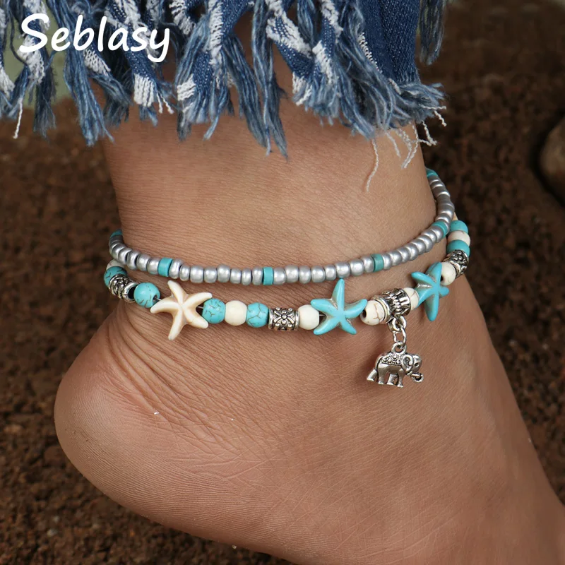 

Seblasy Vintage Star Elephant Anklets Bracelet For Women Boho Pendent Double Layer Anklet Bohemian Foot Jewelry Gift
