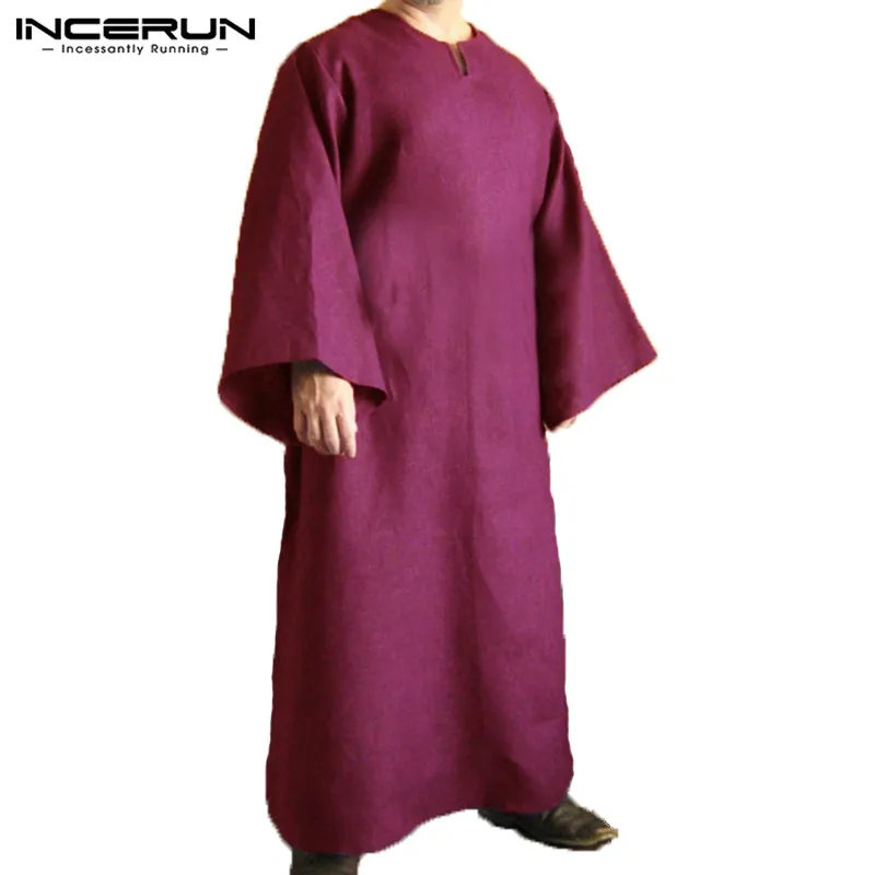 Purple INCERUN, осень, мусульманская Мужская рубашка, кафтан, длинный рукав, v-образный вырез, солидные, свободные, халаты, Мужская одежда, кафтан,, большие размеры, топы, футболки - Цвет: Purple