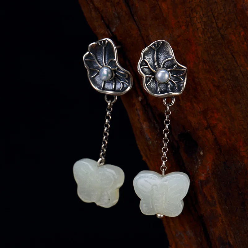 

Серебряная Инкрустация восстанавливающие древние путь hetian нефрит белый нефрит лотос лист Бабочка мс жемчуг Подвесные серьги оптовая прода...