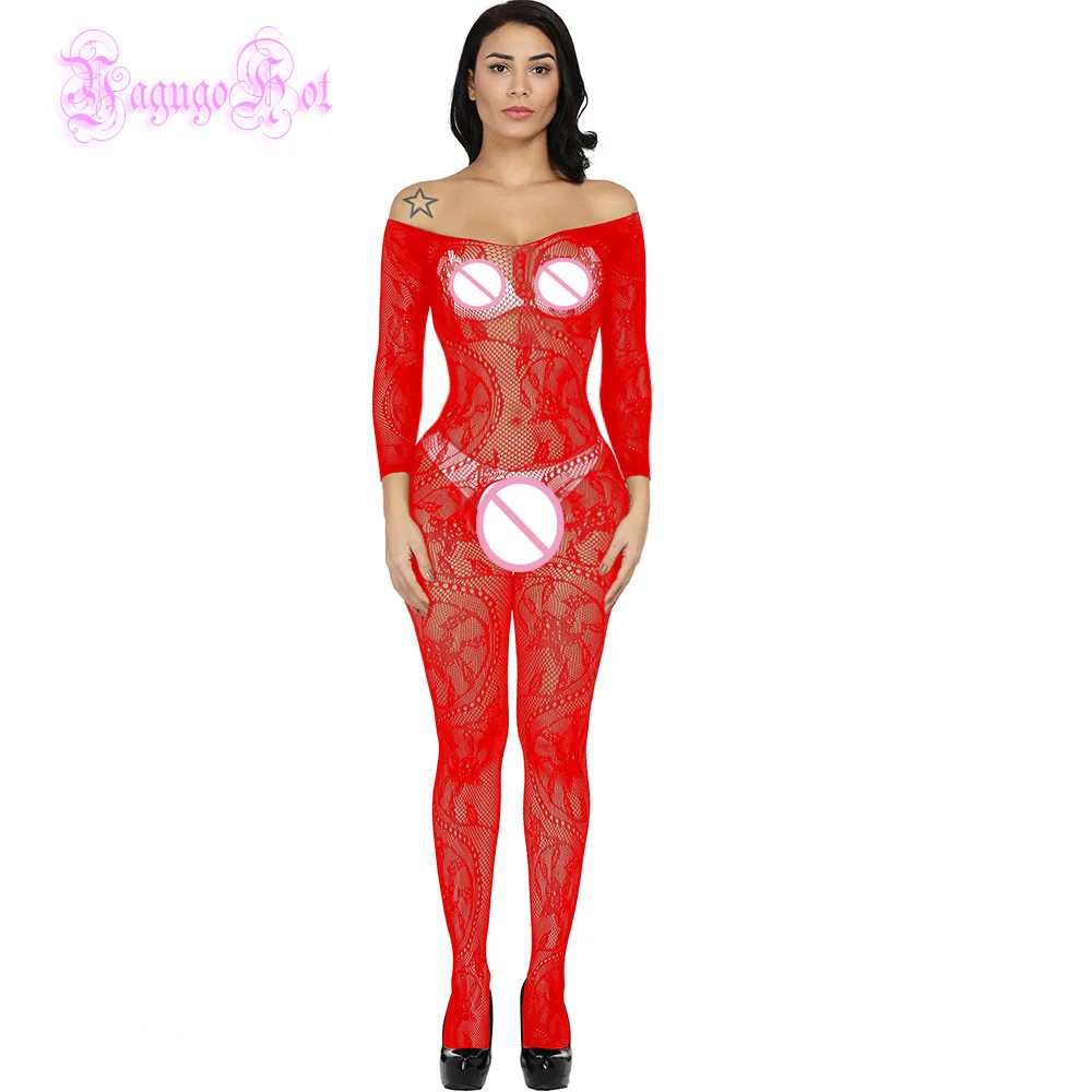 Sexy Fishnet Sheer Crotchless Swirly Lace Teddy Floral Long Sleeved Bodystocking Lingerie Intimates Babydoll Bodysuit Catsuit