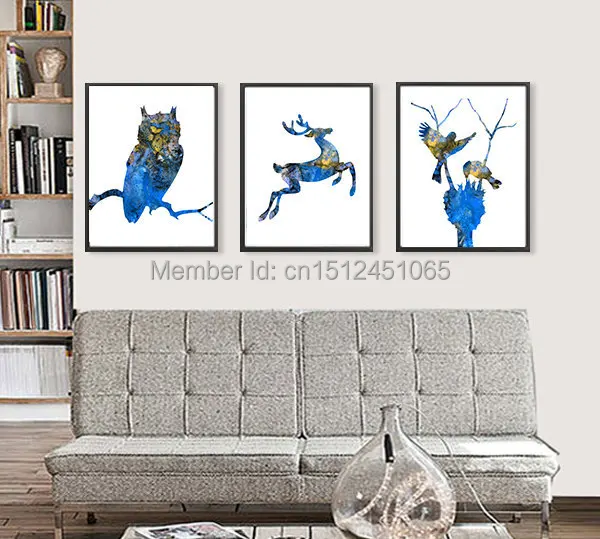 

Modern kids Room wall art home Decor Abstract Blue Forest Animal Owl Deer Birds animal wall art picture print Painting on Canvas