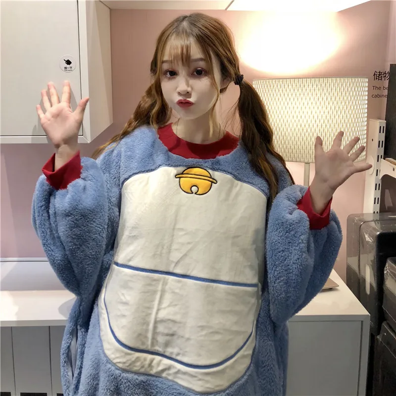 Kawaii autumn winter 2018 ulzzang Korea Women's Clothing cartoon cat Harajuku oversize Nightdress flannel long sleeve dresses | Женская
