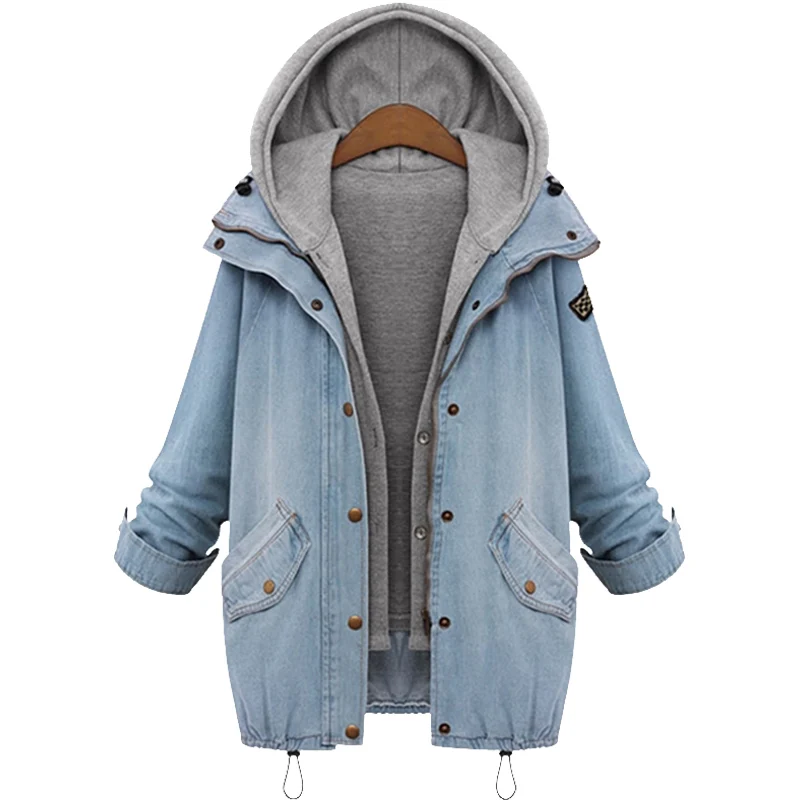 

2018 Autumn Winter Two Piece Denim Women Jackets Hoodies And Jeans Coats Loose Plus Ladies Safari Jacket Big Size Jackets